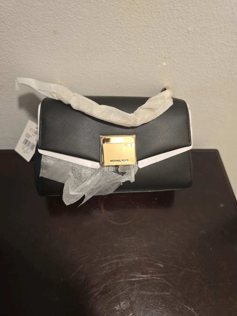 Michael Kors Black Shoulder Bag with Gold Lock and White Trim